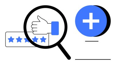 Müşteri konseptini gözden geçirir. İllüstrasyon büyüteci. Müşteri ilişkileri için başparmak işareti ve yıldız reytingleri. Müşteri değerlendirmeleri iş büyümesi ve değerlendirmesi açısından kritik önem taşıyor. İdeal