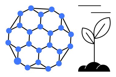 Toprakta filizlenen bitkinin yanında altıgen desende mavi noktaları birleştiren molekül. Nanoteknoloji, biyoloji, sürdürülebilirlik, ekoloji, yenilik, büyüme ve bilim iletişimi için ideal. Basit.