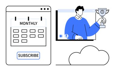 Takvimle aylık abonelik arayüzü, kupa tutan kişiyi gösteren sanal toplantı ekranı ve bulut grafiği. Üretkenlik araçları, abonelikler, sanal olaylar, başarılar, SaaS