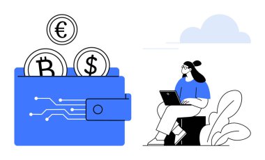 Dijital cüzdan konsepti. Şifreli ve sembollü dijital cüzdan Bitcoin ve Doları işaret ediyor. Dijital cüzdanlar güvenli çevrimiçi ödemeler, kripto depolama ve mali yönetim olanağı sağlar