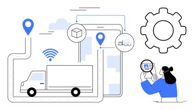 Lojistik konsept. Sevkiyat takibi ve teslimat izleme ile lojistik işlemler. Lojistik destek zinciri yönetimi ve nakliye verimliliği. E-ticaret, kargo, nakliye uygulamaları için.