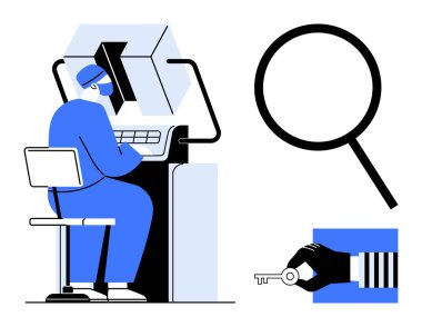 Bilgisayar kullanan mavi elbiseli bir profesyonel, büyük bir büyüteç ve anahtar tutan bir el. Siber güvenlik, veri koruması, mahremiyet, teknoloji, araştırma, soruşturma, dijital güvenlik için ideal