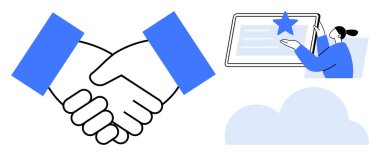 Ortaklık, takım çalışması, dijital hizmetler, online işbirliği, bulut depolama, verimlilik. Tokalaşma ve bulut ortamında tabletle etkileşime geçen biri. Ortaklık ve takım çalışması