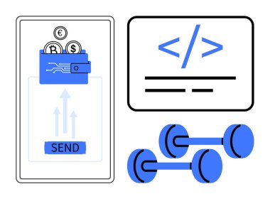 Dijital yenilik, finansal işlemler, kodlama, uygunluk, sağlıklı yaşam, modern teknoloji. Akıllı telefondaki cüzdan, arayüz dambılları kodlanıyor. Dijital yenilik ve finansal işlemler