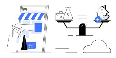 İnternetten alışveriş konsepti. Çevrimiçi alışveriş platformları otomasyon ve mali denge ile kolaylık sergiliyor. Çevrimiçi alışveriş finansal denge ile birleşince üretkenlik ve bankacılık artıyor