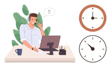 Zaman yönetimi, müşteri desteği, iletişim, verimlilik, uzaktan çalışma, son teslim tarihi izleme. Saatli bir masada kulaklık takan bir müşteri hizmetleri görevlisi. Zaman yönetimi ve müşteri desteği