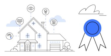 Akıllı evler, ev otomasyonu, enerji yönetimi, güvenlik, teknoloji entegrasyonu, sürdürülebilir yaşam. Bağlı sistem simgeleri ve mavi kurdeleli bir ev. Akıllı evler ve ev otomasyonu kavramları