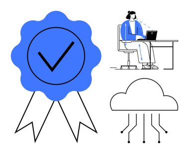 Sertifika konsepti. Sertifika kartı güven ve kaliteyi gösterir. Uzaktan çalışma ve bulut bağlantısı sertifikası güvenli iletişimi teşvik eder. İşyeri kültürü, teknoloji, beceriler için