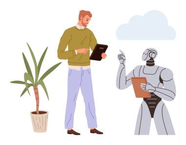 Yapay zeka, teknoloji, takım çalışması, gelecekteki yenilikler, iş birliği, insan-makine etkileşimi. Bir adam ve bir robot tabletleri tutuyor, işe koyuluyorlar. Yapay zeka