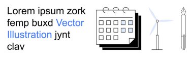İş yönetimi, programlama, sürdürülebilirlik, verimlilik, yenilenebilir enerji, organizasyon. Rüzgâr türbini ve dolmakalem simgelerinin üst üste geldiği bir takvim. İş yönetimi ve zamanlaması