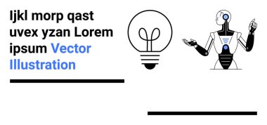 Teknoloji, yenilik, yapay zeka, ilerleme, fikirler ve robotik. Minimalist metin ve satırları olan bir ampul ikonunun yanında insansı bir robot. Yenilik ve yapay zeka