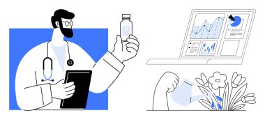 Sağlık, veri analizi, ilaç geliştirme, çevre bakımı, sürdürülebilirlik, ilerleme. Doktor elinde ilaç şişesi, dizüstü bilgisayarında çiçekleri sulayan grafikler. Sağlık ve Veriler