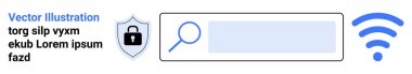 Çevrimiçi güvenlik, veri koruması, güvenli tarama, internet güvenliği, kablosuz bağlantı, teknoloji arayüzü. Kilitli bir kalkan, arama çubuğu ve kablosuz sembol. Çevrimiçi güvenlik ve veri