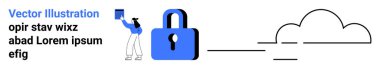 Bulut bilgisayarı, siber güvenlik, veri koruması, çevrimiçi güvenlik, mahremiyet, güvenli depo. Mavi bir kilit ve bulut sembolünün yanında bir cihaz tutan kişi. Bulut hesaplama ve siber güvenlik kavramı