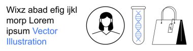 Bilim, genetik, ticaret, kimlik, laboratuvar çalışmaları, e-ticaret. Minimalist kadın avatar, DNA iplikleri ve etiketli bir alışveriş çantası. Genetik ve ticaret kavramı