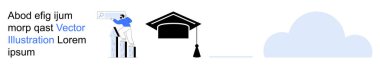 Eğitim, kariyer gelişimi, çevrimiçi öğrenme, akademik başarı, gelecekteki hedefler, bilgi paylaşımı. Bir adam bar çizelgelerine tırmanıyor, mezuniyet şapkası takıyor ve bir bulut beliriyor. Eğitim ve kariyer büyümesi
