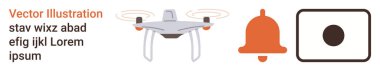 Alarmlar, dört helikopterler, gözetleme, bildiriler, basitlik, minimalizm. Üzerinde nokta olan kırmızı çan ve kare şeklinde bir Quadcopter görüldü. Uyarı ve İHA bildirimleri ve teknolojiyle ilgili kavramlar
