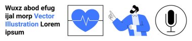 Sağlık, iletişim, eğitim, dijital araçlar, ses kaydı, teknoloji. Kalp atışı grafiği, mikrofon ikonunu işaret eden biri. Modern bir dijital temada sağlık ve iletişim