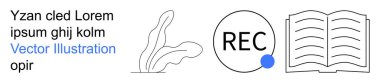 Eğitim, kayıt, dijital öğrenme, tasarım, yayıncılık, yaratıcılık. Minimalist açık kitap, bitki yaprakları ve REC sembolü temiz bir şekilde. Eğitim ve kayıt kavramı