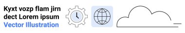 Zaman yönetimi, küresel erişim, bulut hesaplama, teknoloji entegrasyonu, dijital dönüşüm, yenilik. Saatli vites, dünya ikonu bulut çizgisi çizimi. Zaman yönetimi ve küresel erişim