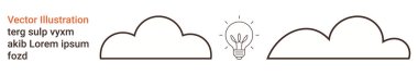 Beyin fırtınası, fikir üretimi, ilham, yaratıcılık, yenilik, bulut hesaplama. Parlayan bir ampulü çerçeveleyen iki bulutlu minimal tasarım. Yenilik ve beyin fırtınası konsepti