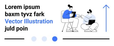 İki meslektaş tablet ve dizüstü bilgisayar kullanarak çalışmayı tartışırken, dizayn unsurları metni, oku ve ilerleme noktalarını işaret ediyor. Takım çalışması, iletişim, üretkenlik, ağ oluşturma ve teknoloji için ideal