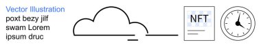 Bulut teknolojisi, dijital varlıklar, zaman izleme, engelleme zinciri, merkezi olmayan depo, verimlilik. NFT ve saat simgelerinin yanında minimal bulut tasarımı. Bulut teknolojisi ve dijital varlık kavramı