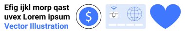 Finans, dijital işlemler, küreselleşme, çevrimiçi ağlar, bağlantı, e-ticaret. Dairesel dolar simgesi, bağlantı çubukları ve mavi kalp şeklinde bir küre. Finans ve dijital