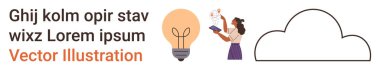 Yaratıcılık, eğitim, yenilik, bulut teknolojisi, fikir üretimi, çevrimiçi öğrenme. Parlayan ampul ve bulut ikonuyla kitap okuyan bir kadın. Yaratıcılık ve eğitim