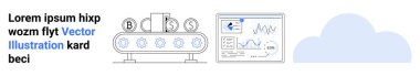 Kripto para birimi, finans otomasyonu, analitik, bulut hesaplama, teknoloji, veri entegrasyonu. Taşıyıcı banttaki dijital varlıklar, analitik gösterge paneli ve bulut simgesi. Kripto para birimi ve finans