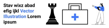 Satranç kalesi stratejiyi sembolize ediyor, sağlık hizmetleri için ilk yardım çantası, ve tablet kullanan kişi. Teknoloji, eğitim, organizasyon, sağlık, planlama, karar verme sade iniş sayfası için ideal