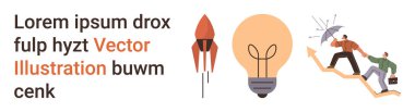 İş geliştirme, takım çalışması, yenilik, üretkenlik, yaratıcı düşünce, büyüme stratejileri. Bir roket, ampul ve iki kişi tırmanıyor. İş geliştirme ve takım çalışması kavramı