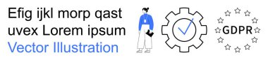 Veri gizliliği, siber güvenlik, yönetmelikler, uyum, iş süreçleri, takım işbirliği. Üzerinde kontrol işareti ve GDPR mesajı olan bir vites simgesinin yanında bir pano tutan kişi. Veri gizliliği