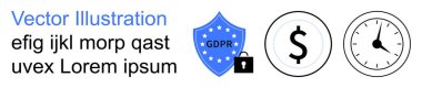 Veri koruması, finans, zaman yönetimi, çevrimiçi güvenlik, uyum, gizlilik politikası. Kilitli mavi GDPR kalkanı, dolar işareti ve saat simgeleri. Veri koruması ve finans temalı konsept