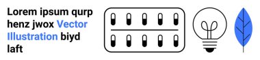 Sağlık, yenilik, sürdürülebilirlik, ilaç ürünleri, çevresel koruma, yaratıcılık. Hap paketi, ampul ve mavi yaprak, yer tutucu metnin yanında. Sağlık ve yenilik