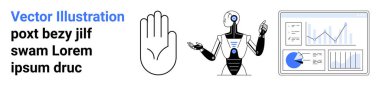 Kalkmış elli robot, insan eli sembolü, grafikli analitik panel. Teknoloji, yapay zeka, veri, robot bilimi, yenilik, analitik ve basit iniş sayfası için ideal