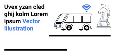 Akıllı ulaşım, yapay zeka yeniliği, bağlantı, stratejik planlama, hareketlilik çözümleri, ulaşım. Kablosuz sinyali ve satranç şövalyesi ikonu olan bir otobüs. Akıllı ulaşım ve yapay zeka yenilik kavramları