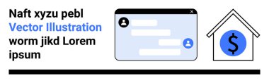 Çevrimiçi ödemeler, iletişim teknolojisi, konut piyasası, uzaktan çalışma, dijital arayüz, finansal uygulamalar. Sohbet penceresi ve dolar işaretli ev simgesi. Çevrimiçi ödemeler ve iletişim teknolojisi