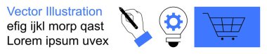 E-ticaret, yenilik, yaratıcı tasarım, teknoloji hizmetleri, online alışveriş, üretkenlik çözümleri. Kalem, ampul takımı ve alışveriş arabası sembolleri. E-ticaret ve yenilik kavramları