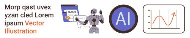 Otomasyon, yapay zeka, veri işleme, finansal teknoloji, robotik, öngörücü analitik. Robot fatura kağıdı, yapay zeka simgesi ve veri grafiği tutuyor. Otomasyon ve yapay