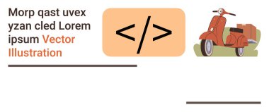 Web geliştirme, ulaşım, kodlama, teknolojik markalaşma, yaratıcı sunumlar, modern tasarım. Kod simgesi ve bavullu turuncu scooter temiz bir düzende. Web geliştirme ve ulaşım kavramı