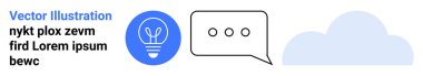 Yenilik, iletişim, bulut hizmetleri, modern teknoloji, beyin fırtınası, veri paylaşımı. Mavi ampul ikonu, konuşma balonu ve bulut çizimi. Bulut teknolojisinde yenilik ve iletişim