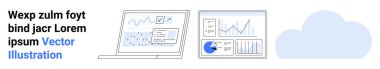 Analitik gösterge panellerini grafik ve çizelgelerle gösteren dizüstü bilgisayarlar, bir bulut eşliğinde. Analiz, iş, teknoloji, bulut hesaplama, veri eğilimleri, pazarlama, basit iniş sayfası için ideal