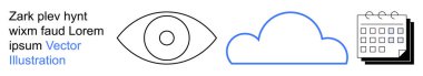 Görüş, bulut hesaplama, programlama, planlama, teknoloji, veri yönetimi. Göz sembolü, ana hatlı bulut takvim simgesi. Görüş ve bulut hesaplama kavramları