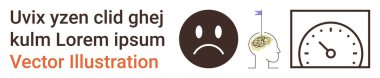 Akıl sağlığı, yenilik, duygusal refah, verimlilik, psikoloji, hızlı takip. Üzgün yüz, bayrak ve hız göstergesi sembollü beyin. Zihinsel sağlık ve yenilik vurgulandı