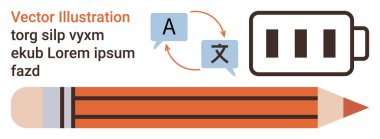 Dil öğrenme, çeviri hizmetleri, yaratıcılık kavramları, eğitim, enerji, dijital iletişim. Sohbet baloncukları ve pil ikonu olan bir kalem. Dil öğrenme ve çeviri hizmetleri