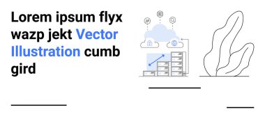 Veri depolama, bulut hesaplama, bilgi yönetimi, ağ oluşturma, dijital çözümler, modern teknoloji. Sunucu rafları ve bulut simgeleriyle vektör grafik. Veri depolama ve bulut hesaplama
