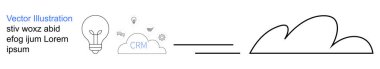 Bulut hesaplama, yenilik, CRM sistemleri, veri görselleştirme, beyin fırtınası, gelecekteki teknoloji. Ampul, bulut şekilleri CRM metin fikirleri ve modern teknoloji. Bulut hesaplama ve yenilik kavramı