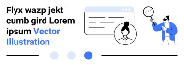 Bir web sayfası penceresinin yanında büyüteç tutan bir adam profil verilerini inceliyor. İşe alım, kullanıcı araştırması, profil analizi, çevrimiçi arama, iş portalları, analitikler, basit iniş sayfası için ideal