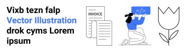 Teknoloji, iş operasyonları, kodlama becerileri, fatura sistemleri, yaratıcılık, çiçek sembolleri. Grafik simgeleriyle etkileşime girerken kadın programlama. Teknoloji ve işletmeler